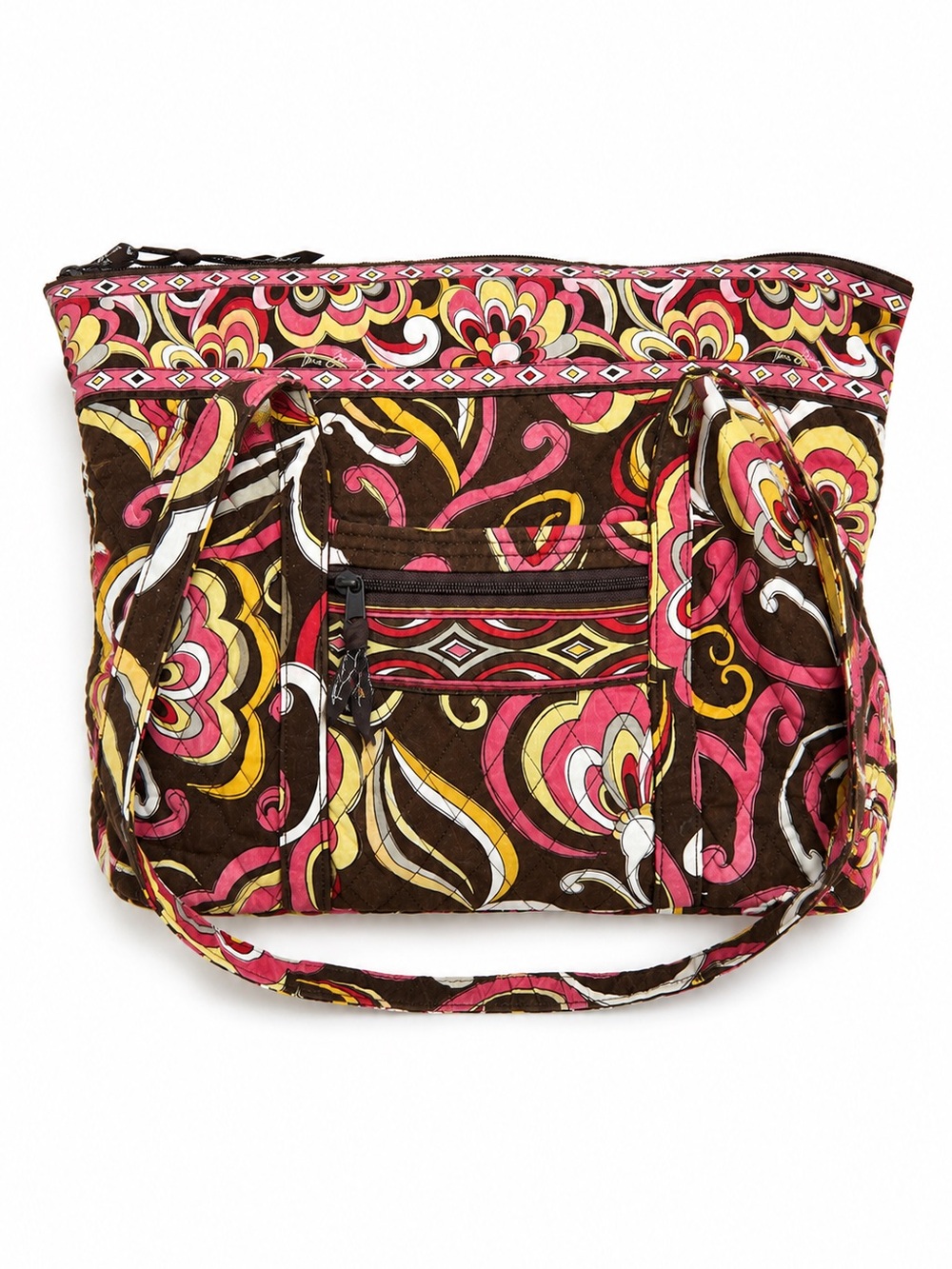 Vera Bradley Quilted Tote Shoulder Bag Zip Top Boho Handbag Pink Brown Floral